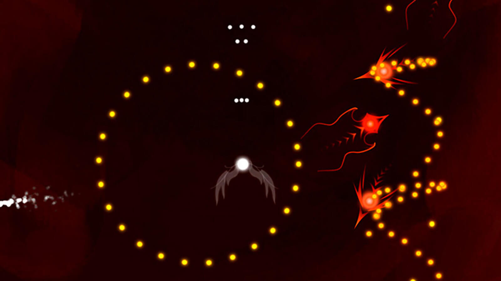 A winged orb of light is surrounded by yellow dots and abstract red entities.