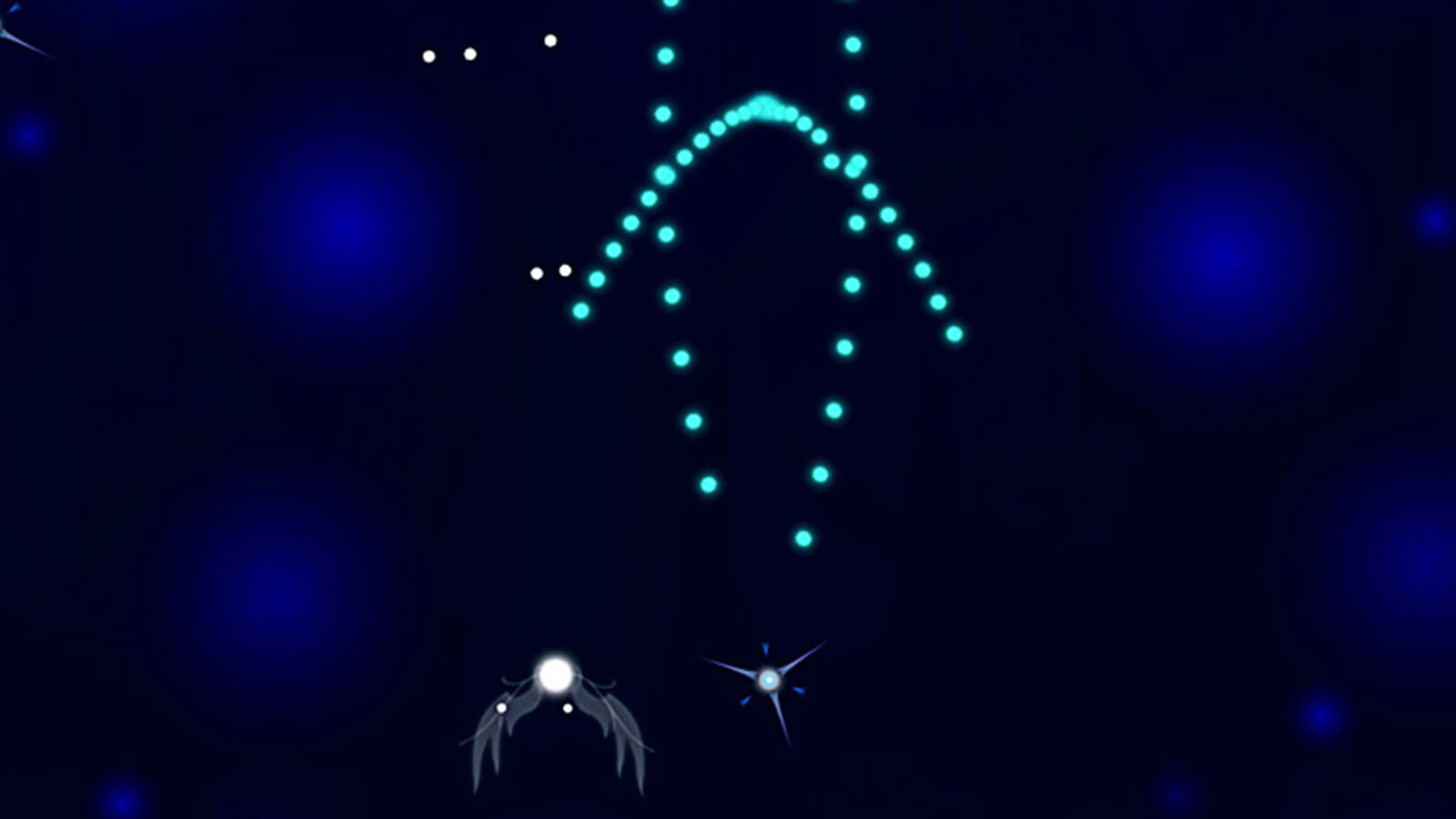 A winged orb of light sits at the bottom of the screen as glowing blue dots form a chevron shape above it. 
