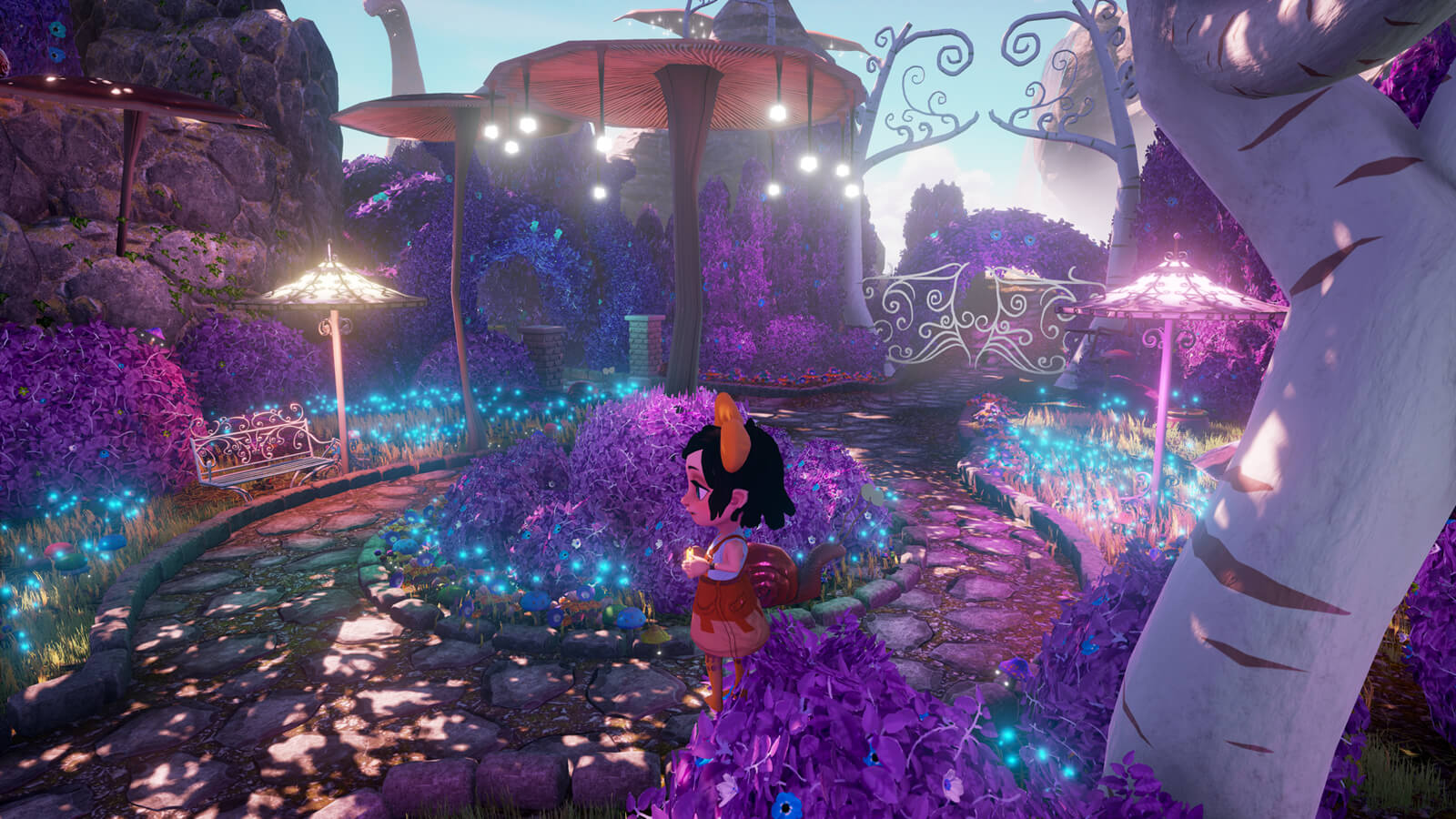 Melanie stands on a circular path full of purple foliage and glowing mushrooms. A snail crawls behind her. 