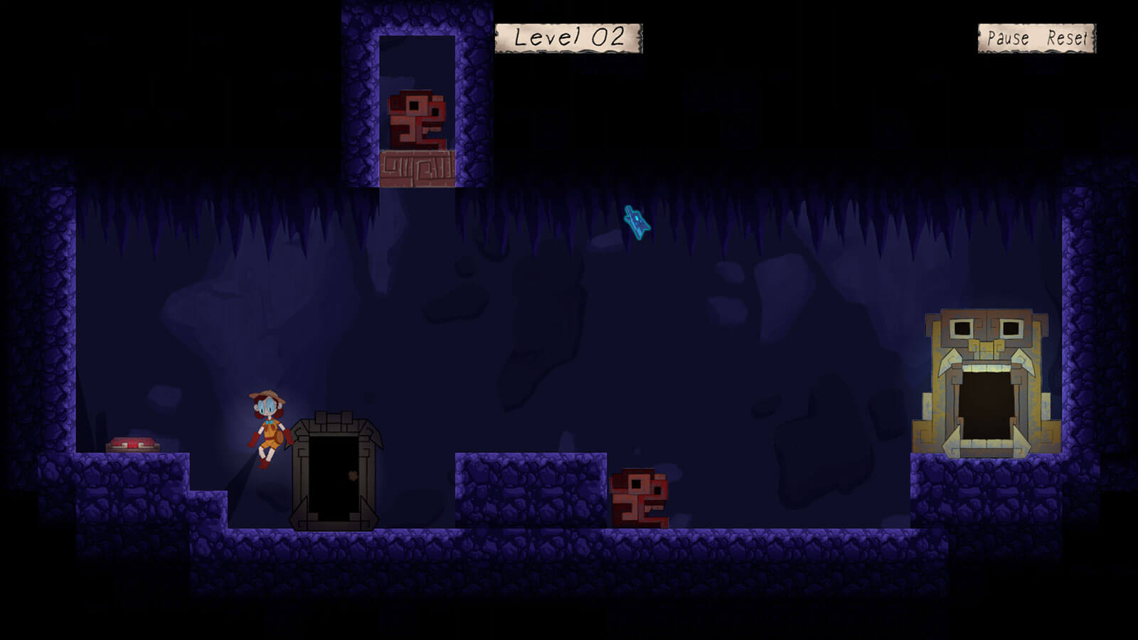 An explorer jumps inside a dark dungeon 