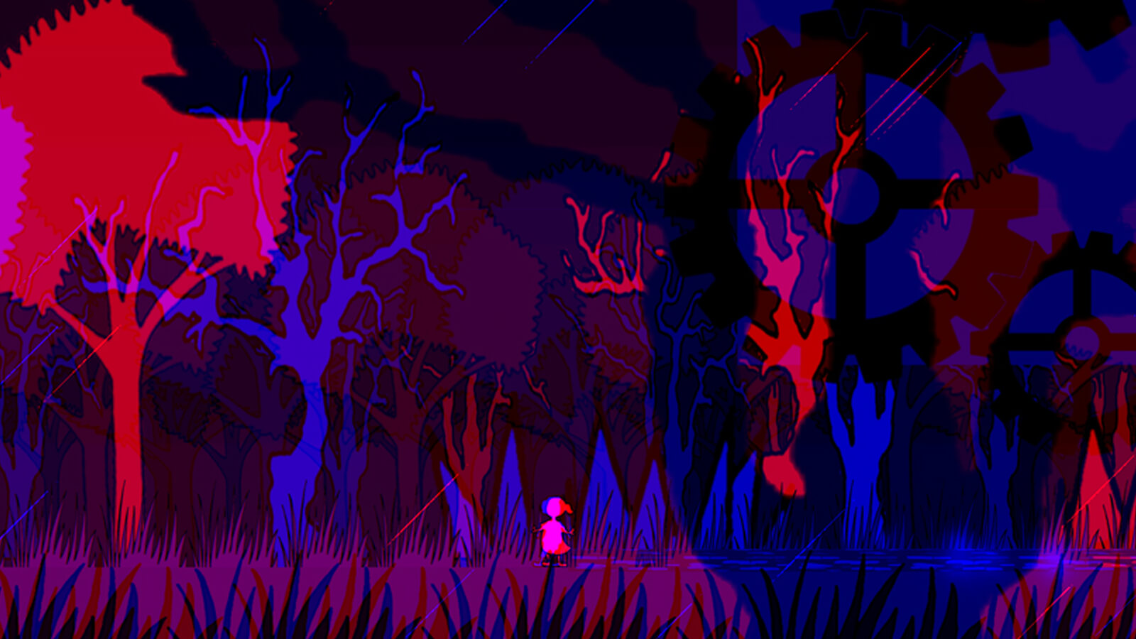 A small girl stands among trees rendered in reds, blues and purples.