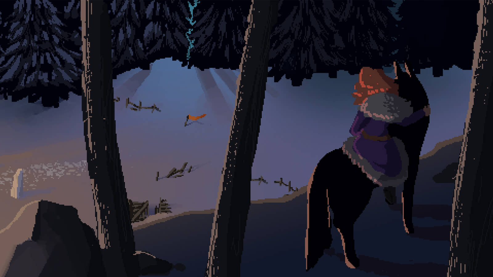 The game's heroine sits atop a wolf, gazing out at a snowy, forested landscape. 
