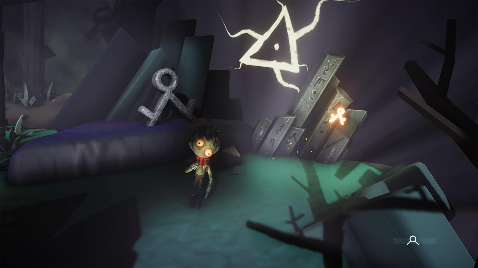 A blue skinned boy with lopsided eyes, stands next to runic shapes in an abstract forest. 