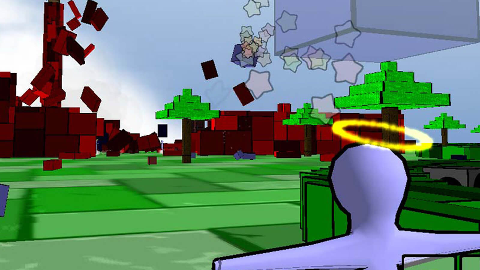 An avatar with a halo looks at a blocky world.