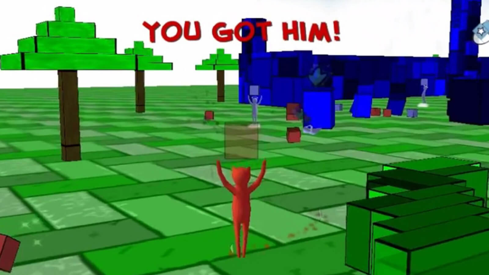 A demon holds a block in the air with the words "YOU GOT HIM!" above.