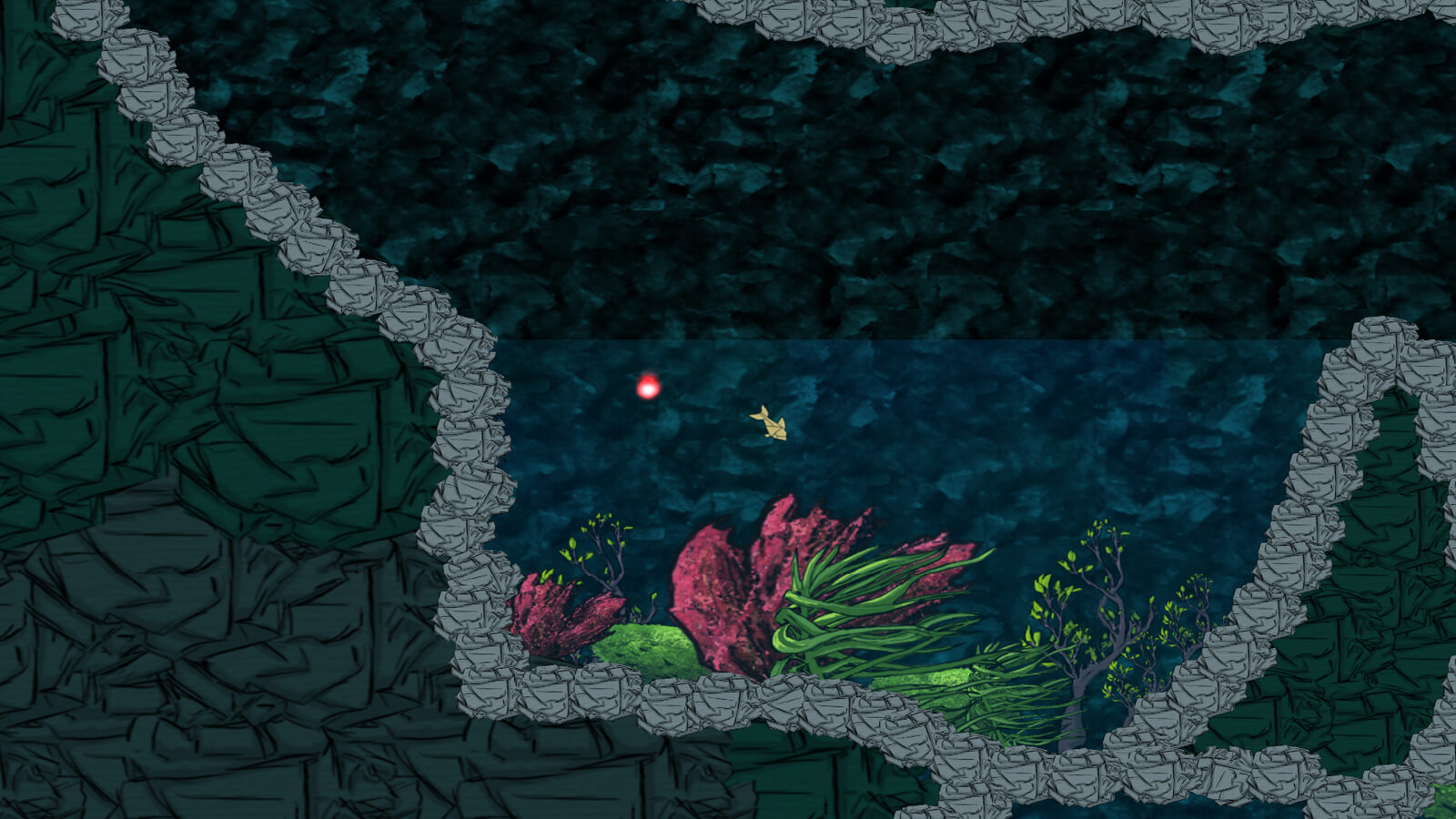 A fish swims toward the lush plant-populated bottom of a watery cave.