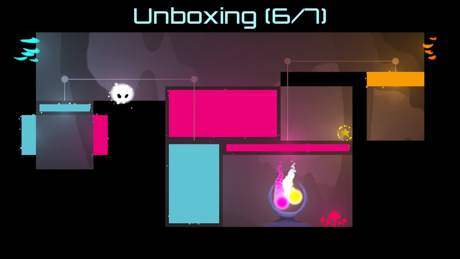 A glowing white orb with eyes traverses a stage of blue and pink platforms. The level is titles "Unboxing 6/7."
