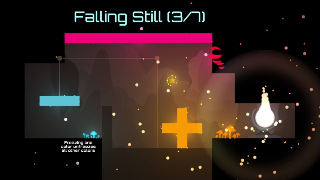 A level entitled "Falling Still 3/7" with pink and blue platforms, informing hte player how to freeze colored platforms.