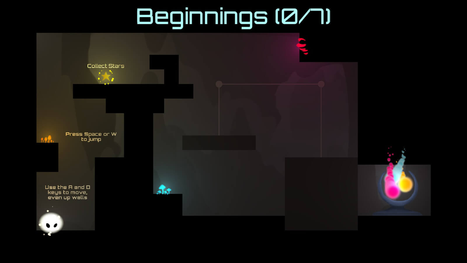 A glowing white orb stands at the start of the "Beginnings" tutorial level, with descriptions explaining player controls.