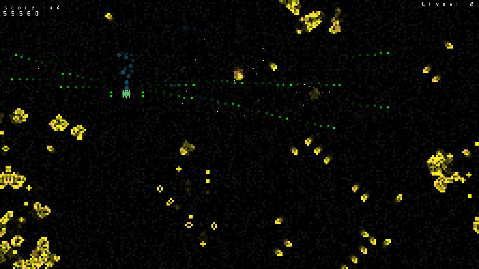 A pixellated spaceship shoots in two directions at clusters of enemy cells.