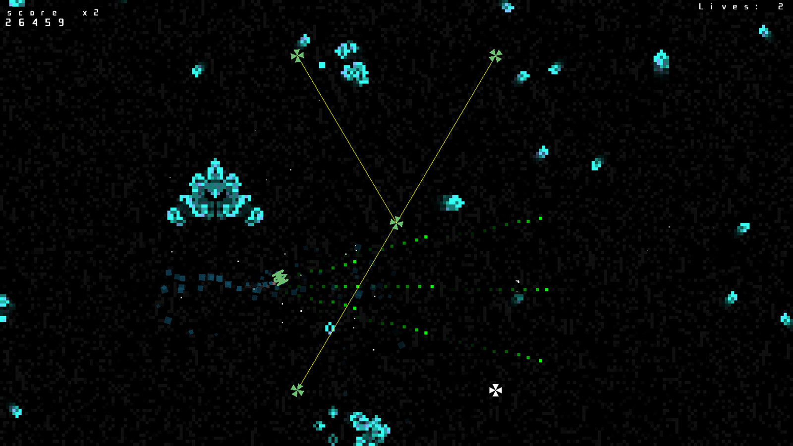 A pixellated spaceship, surrounded by grid-based enemies, fires a stream of projectiles.