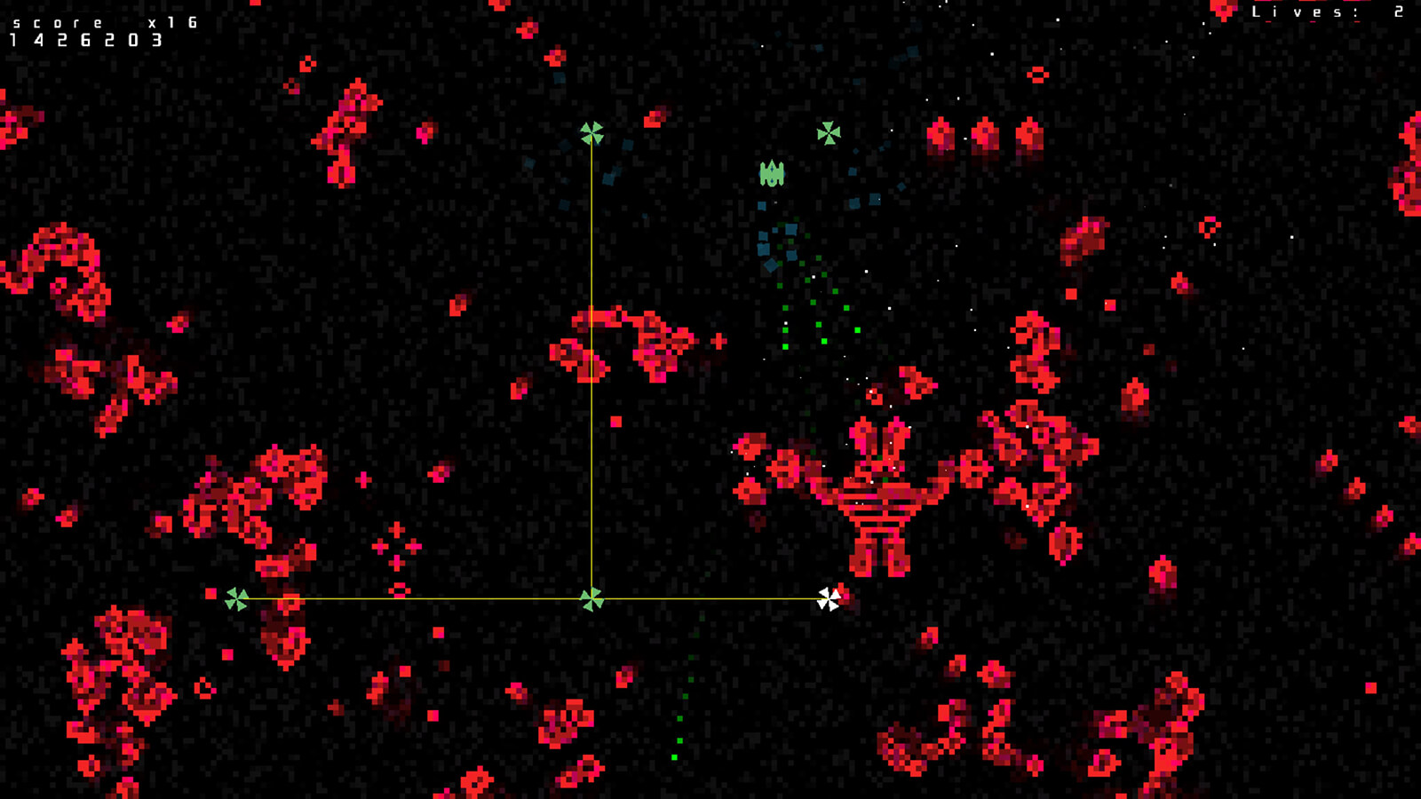 A spaceship fires projectiles at clusters of pixellated enemies moving all over the playfield.