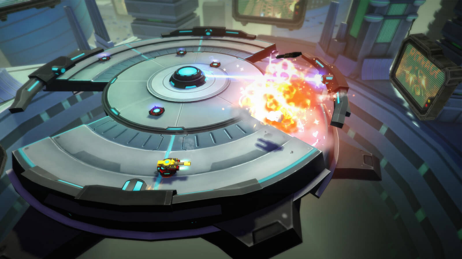 A yellow tank hovers towards a portion of the arena being blasted off by a laser.