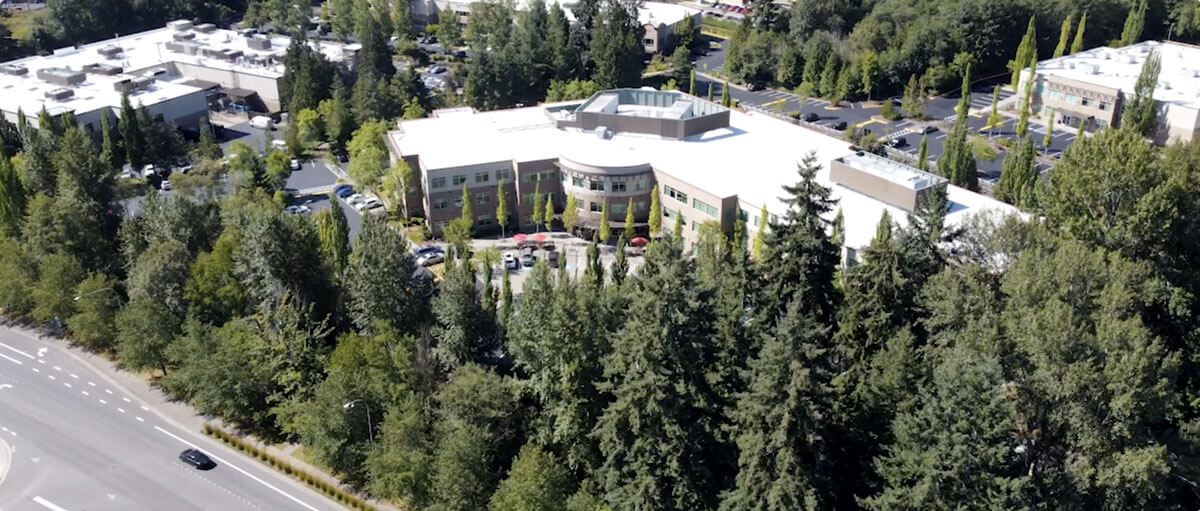 Aerial drone footage of DigiPen's campus exterior