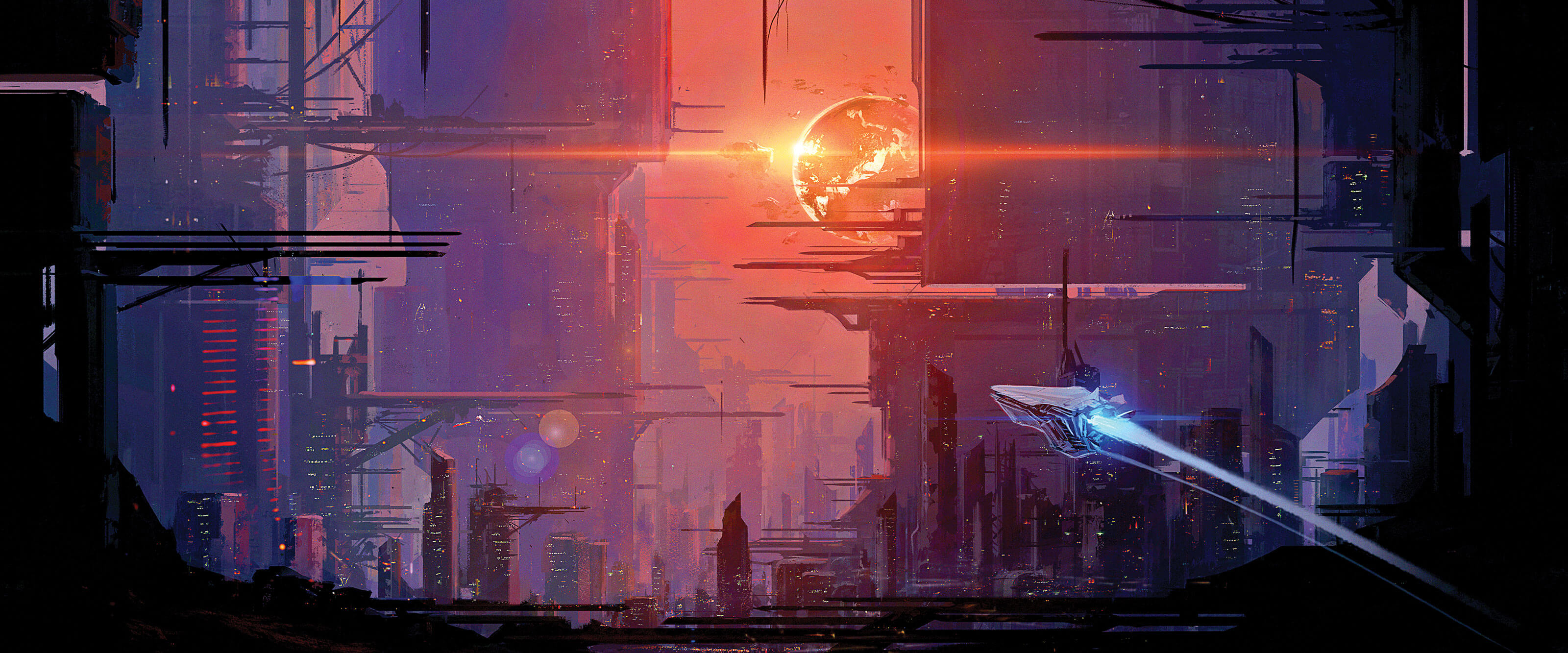 A student's digital illustration of an arrowhead-shaped flying craft rockets toward a dark, vast futuristic cityscape backlit by a radiant orange sun.