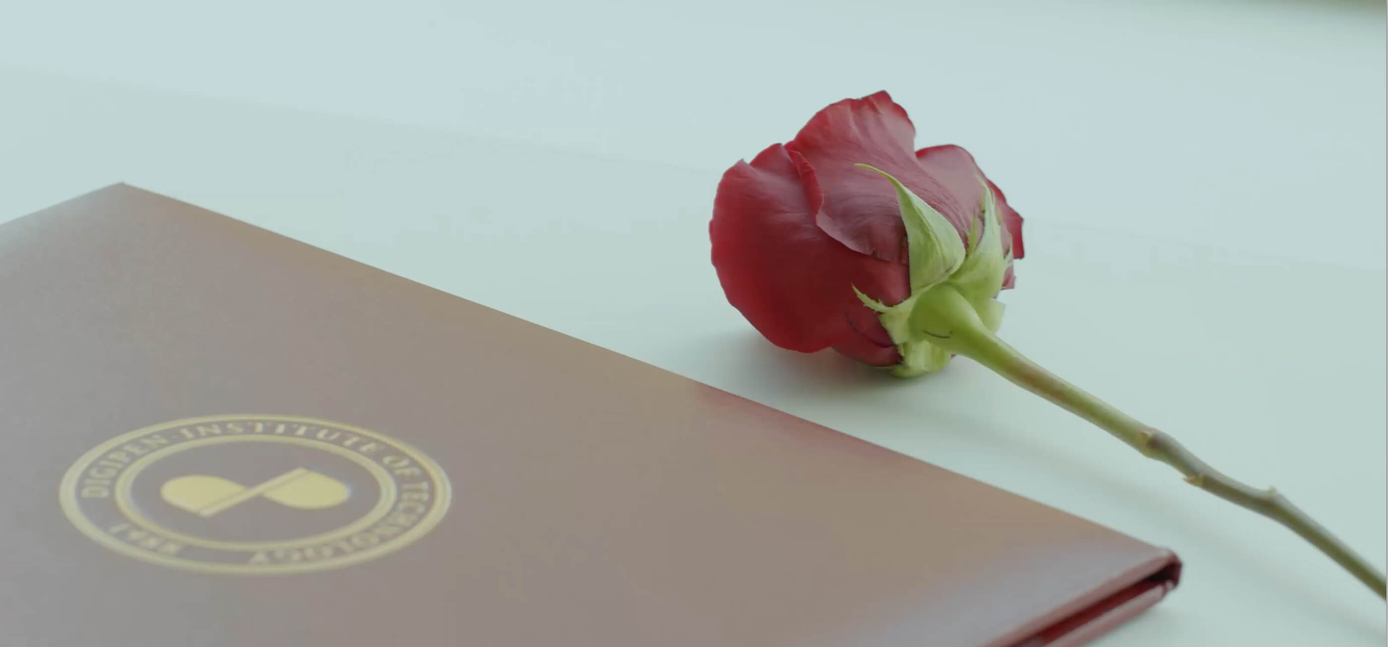 A red rose lays next to a leather DigiPen folder.