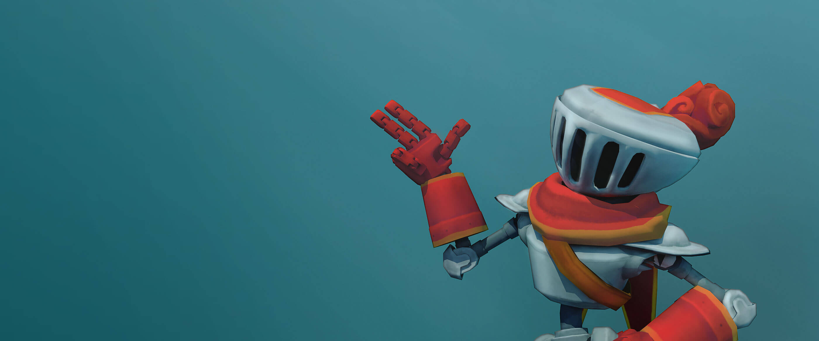 A robot posing and waving dressed in a medieval knight’s armor.