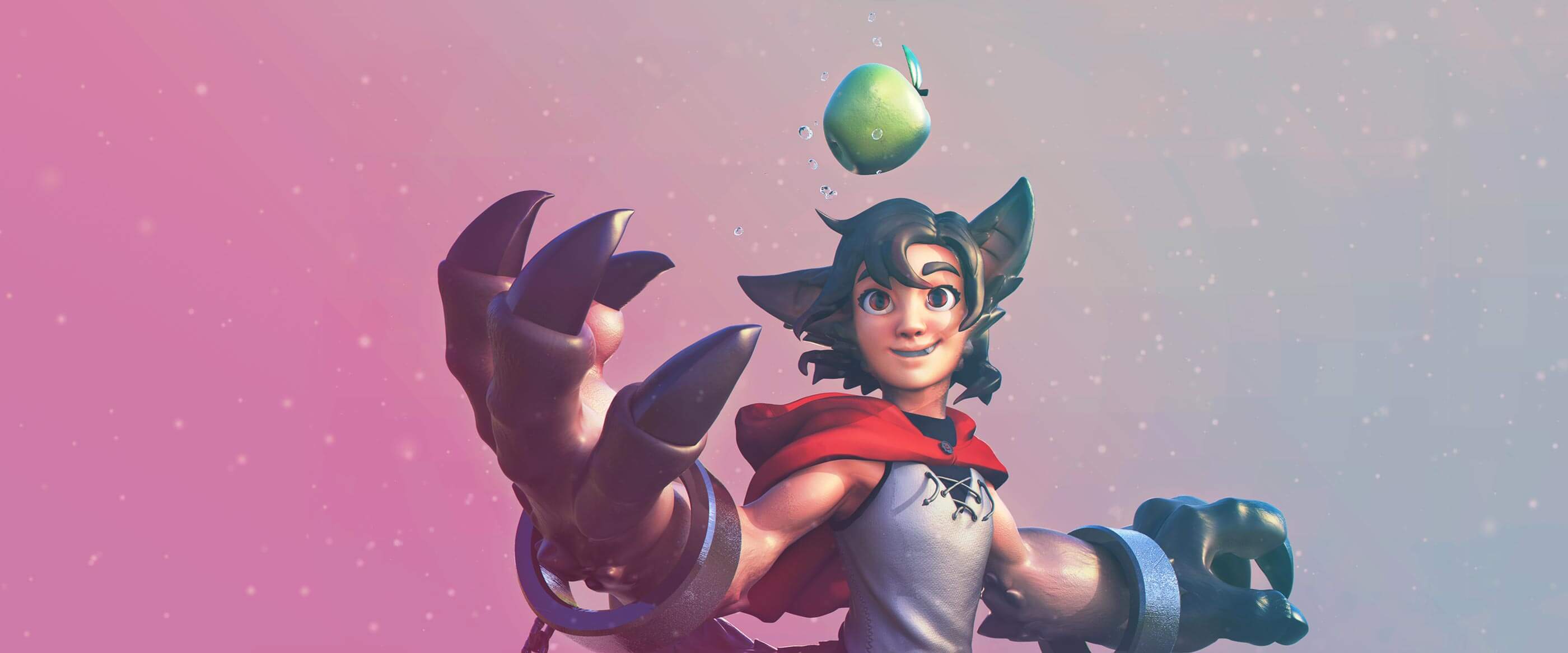 A 3D model of a boy with wolf features throwing an apple into the air.