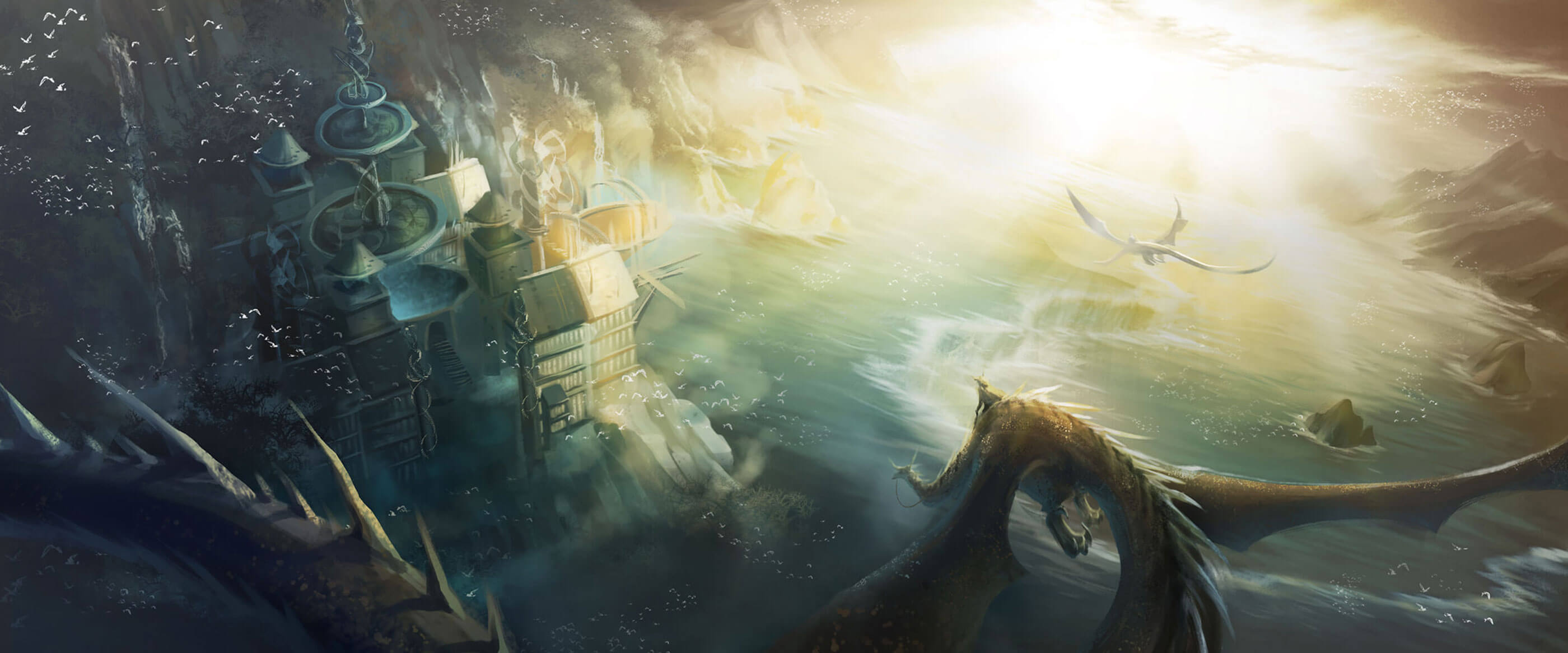 Dragons and their riders fly above a mystical castle on a rocky shore. A diffused sun lights the scene from a distance.