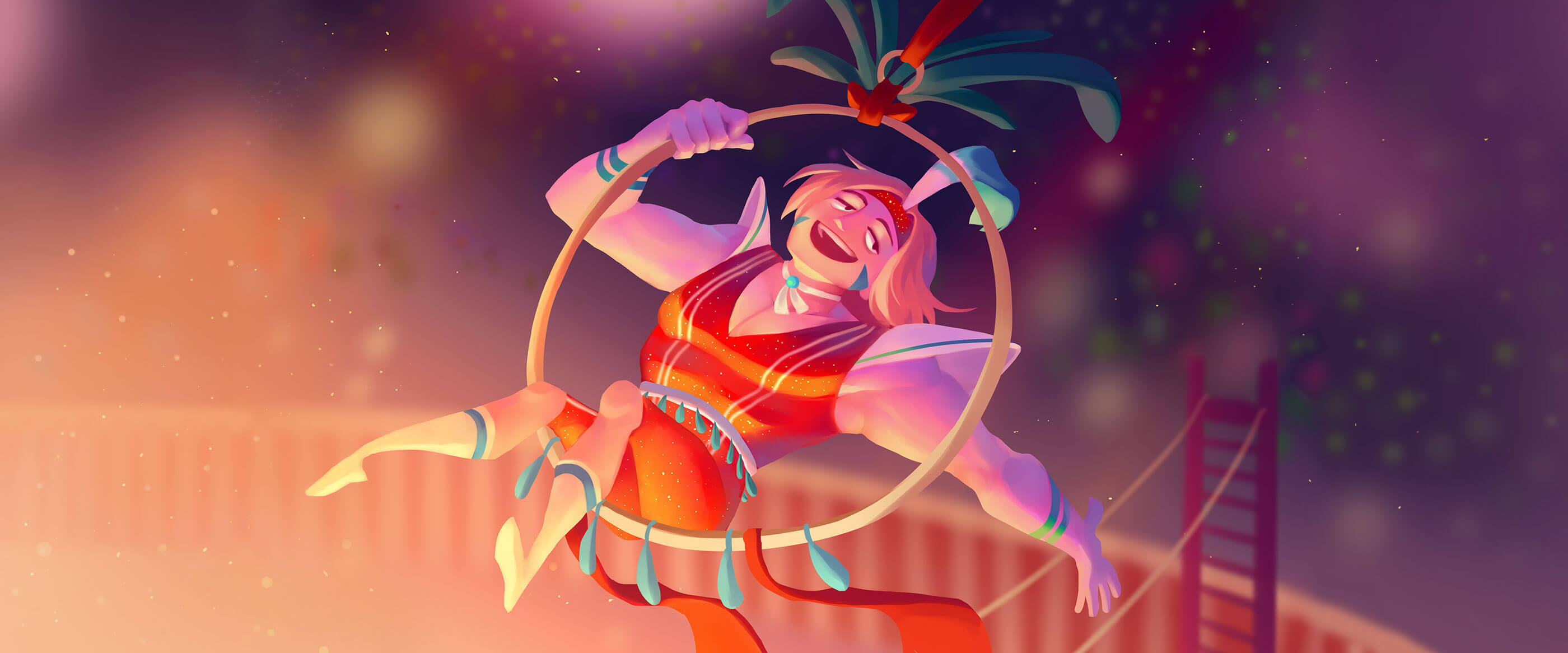 A digital illustration of a trapeze artist in a swing by DigiPen student Ryanna Kim.