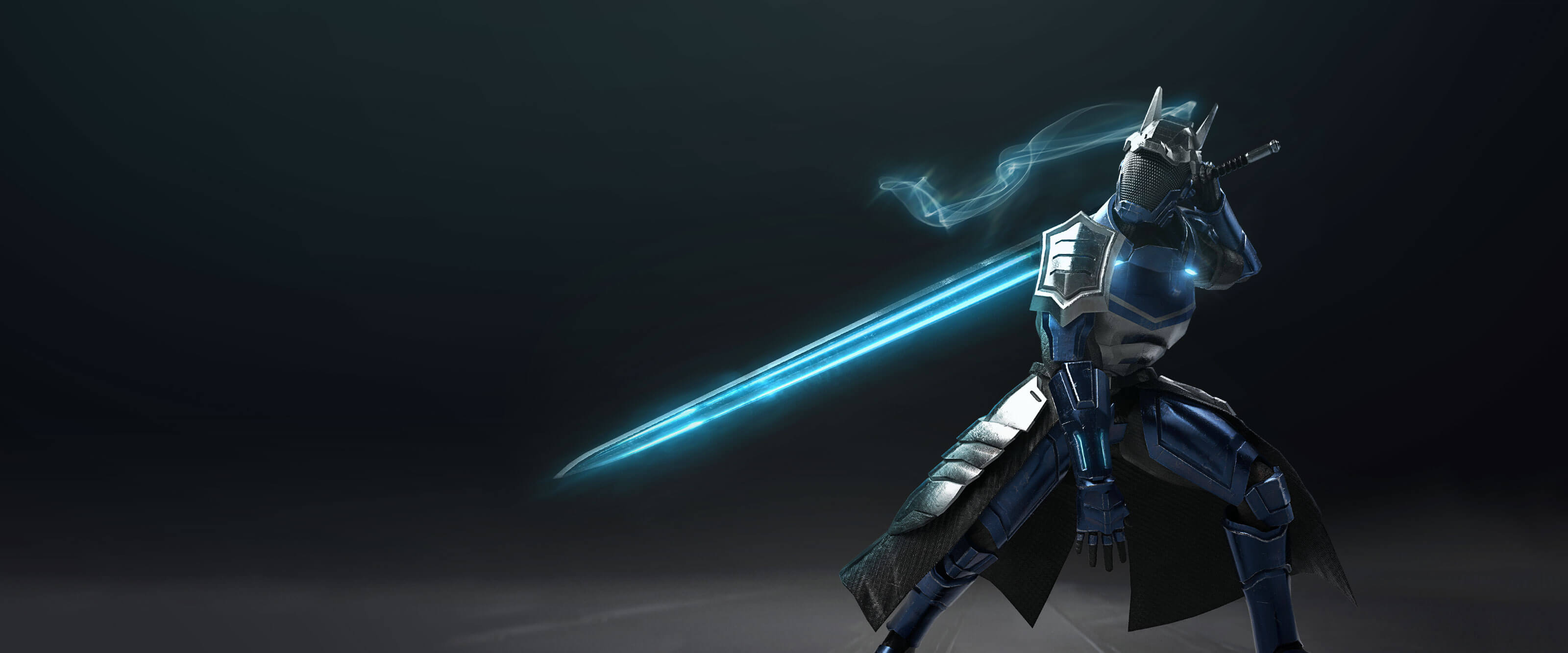 DigiPen Student Art by CAL SANTIAGO A DigiPen student's digital model of a futuristic knight in blue and chrome trimmed armor posing with a long, glowing blue sword behind its back.