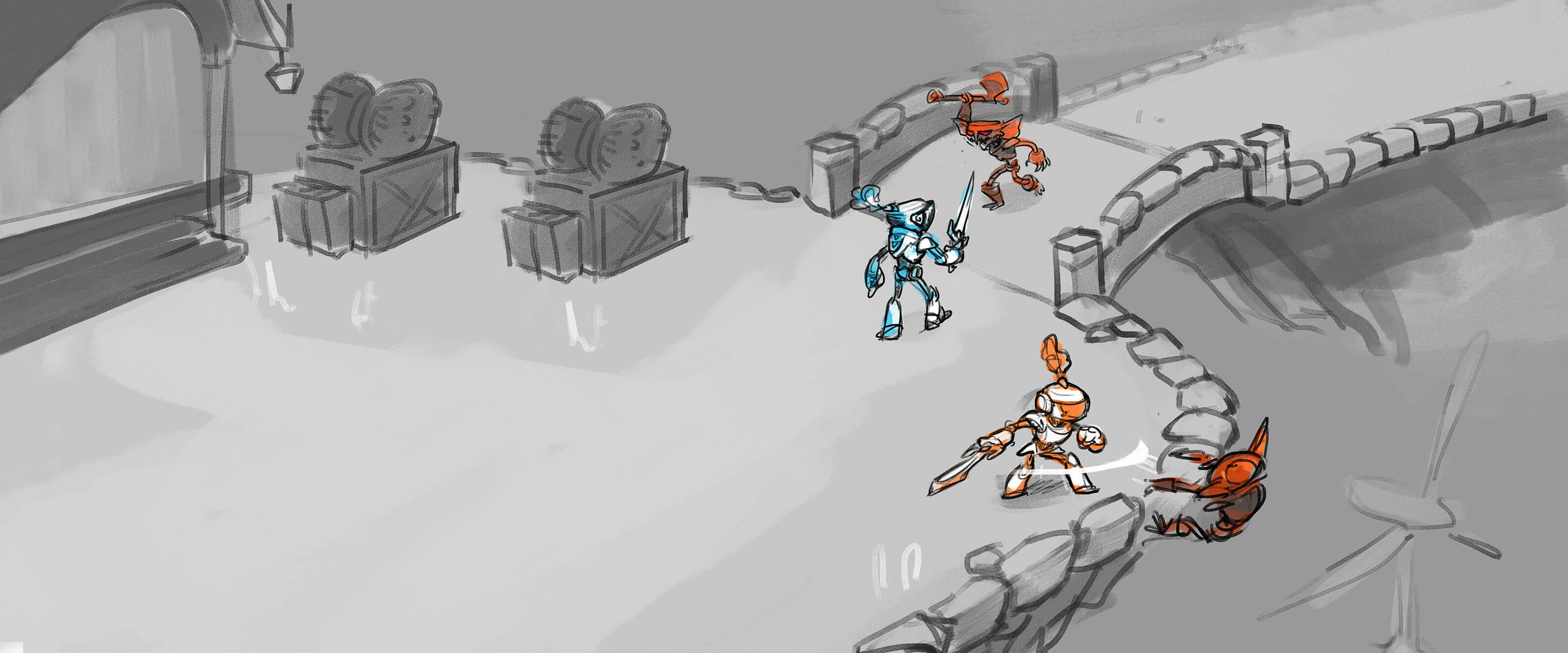 Concept Art from Student Game EXCALIBOTS Sketch of medieval knights battling against goblins over a stone bridge.