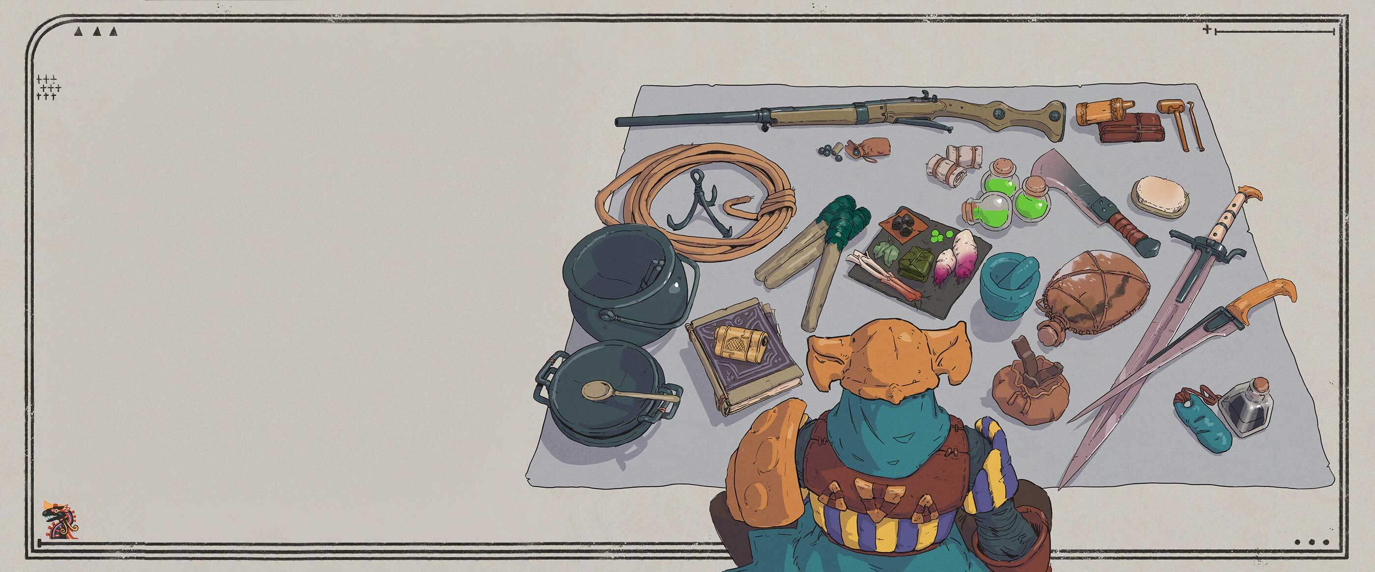 DigiPen Student Art by Hwa Min Jung Illustration of a soldier inventorying organized supplies