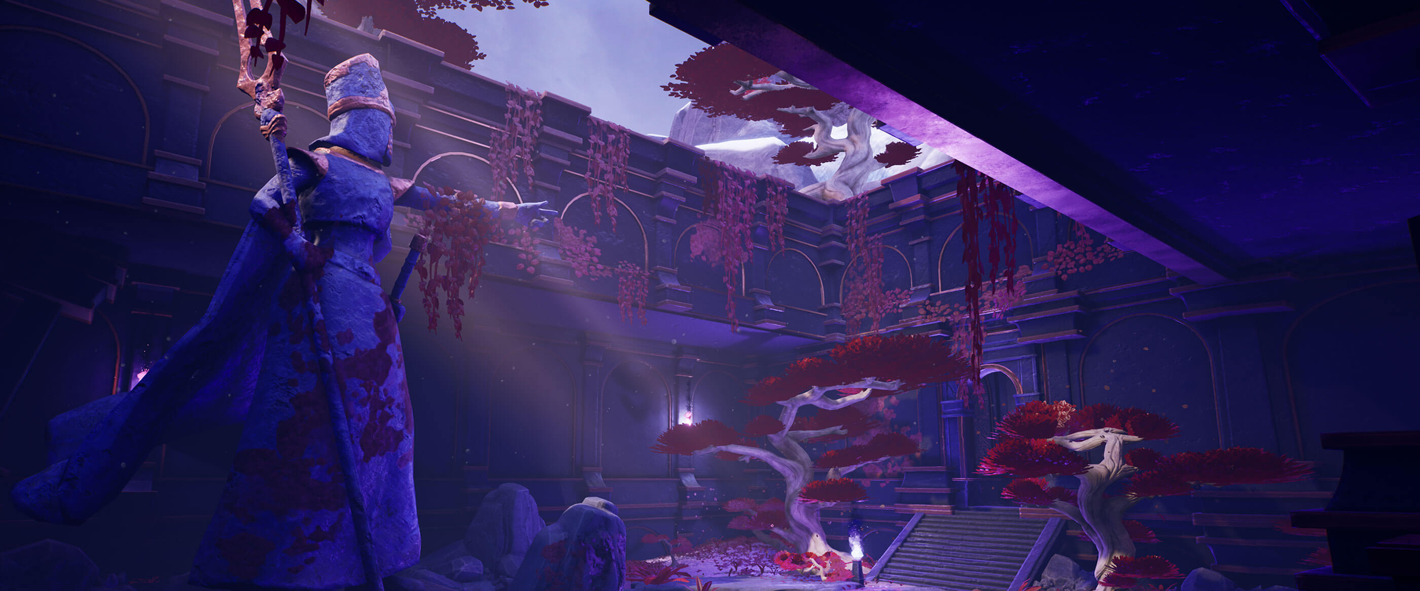 A corrupted statue stands in an open courtyard below a distant mountain.