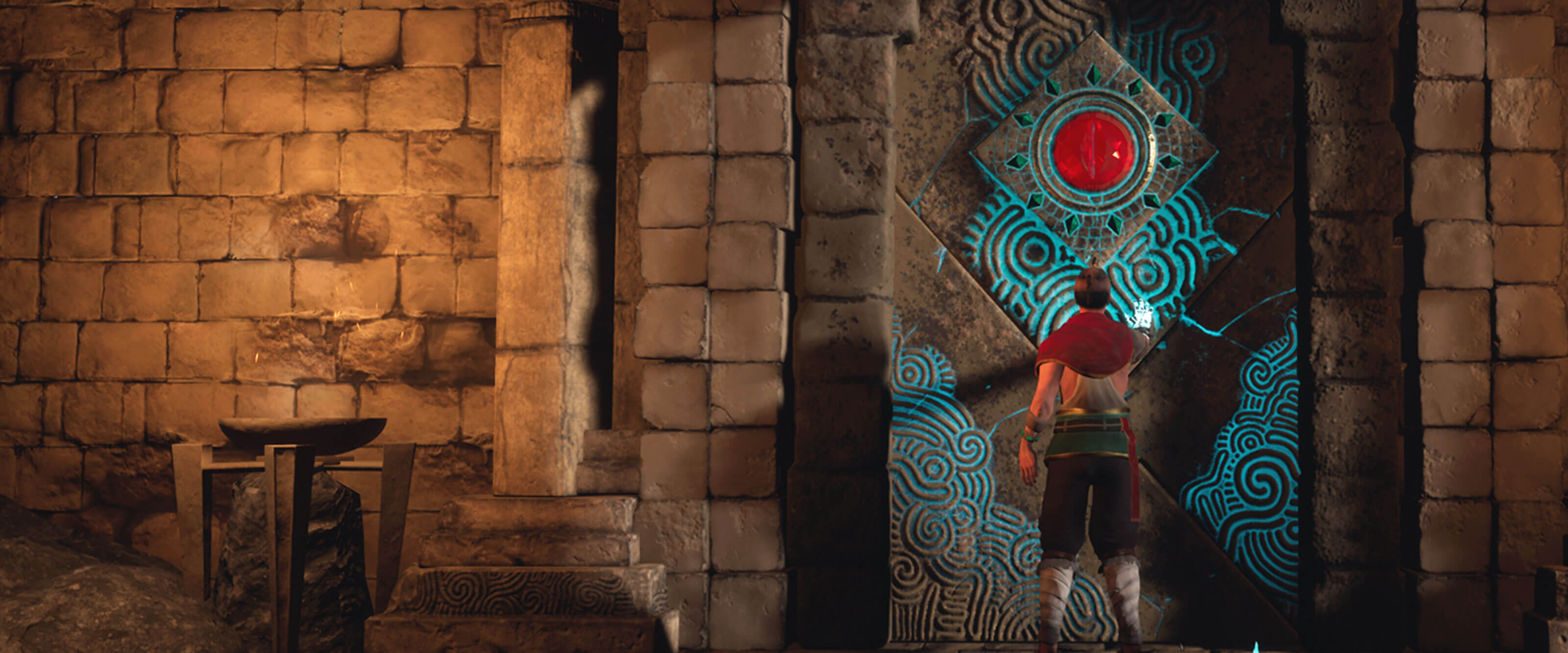 DigiPen Student Game DESCEND INTO STONE A man in a shawl touches a jeweled stone door lit with blue magic in an ancient temple.