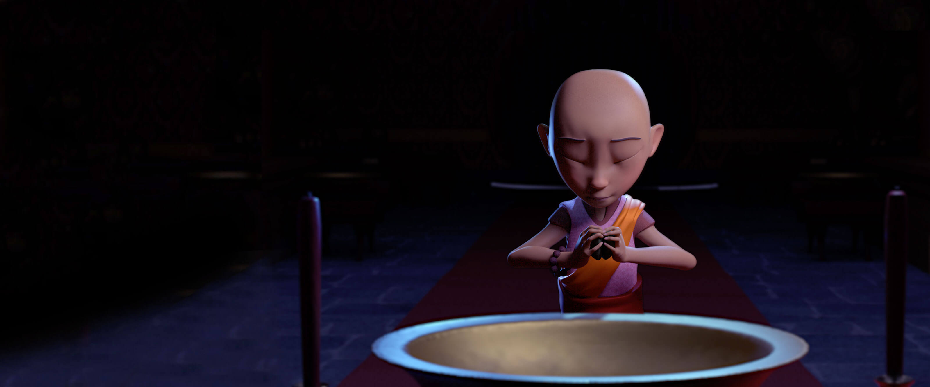 DigiPen Student Animation MING Ming holds two rocks together ceremoniously with her eyes closed before an altar.