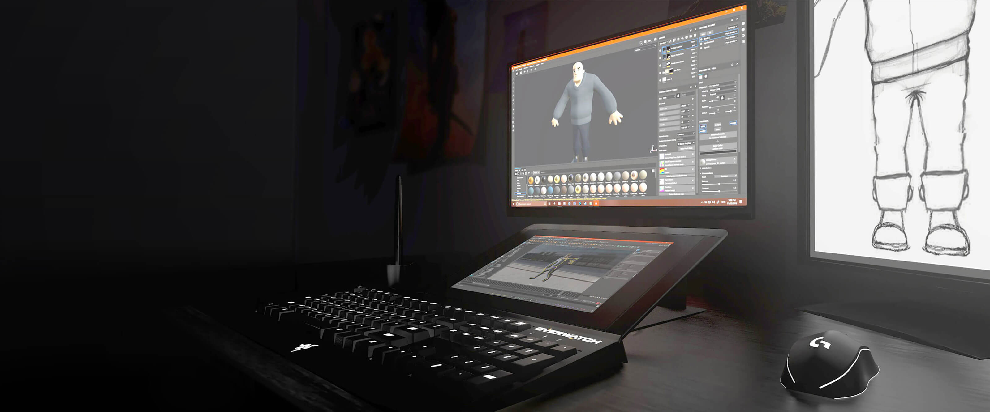 DigiPen Student Art by RATHANON SANTIWIRIYAKARN A 3D modeling project on a tablet computer hooked up to a monitor