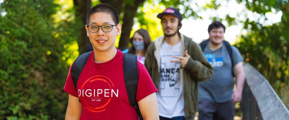 A group of DigiPen students walking together outside.