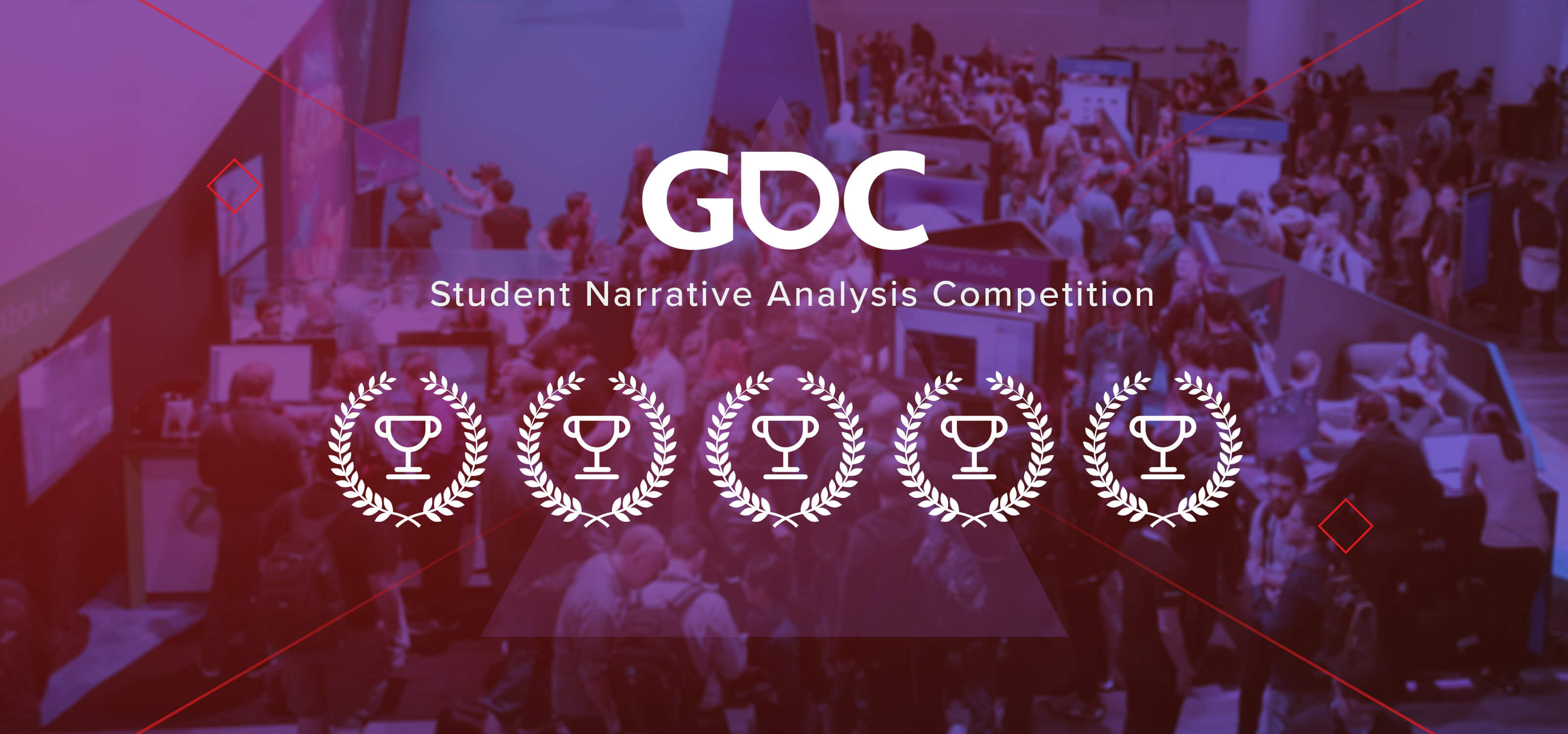A scene from GDC with five award laurels on top and the words “GDC Student Narrative Analysis Competition.