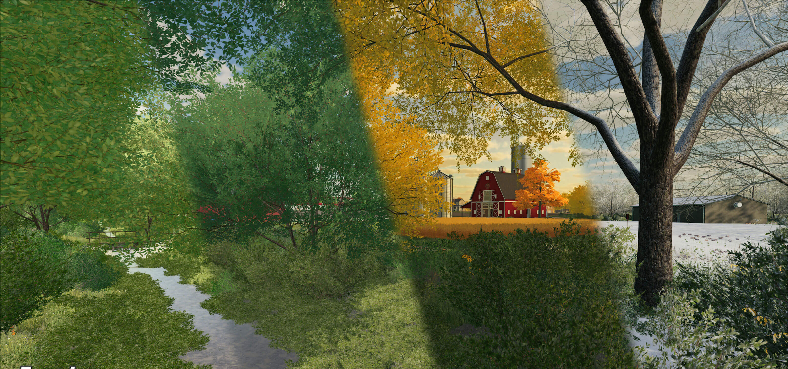 Four separate in-game panels showing different seasons of nature inside Farming Simulator 22