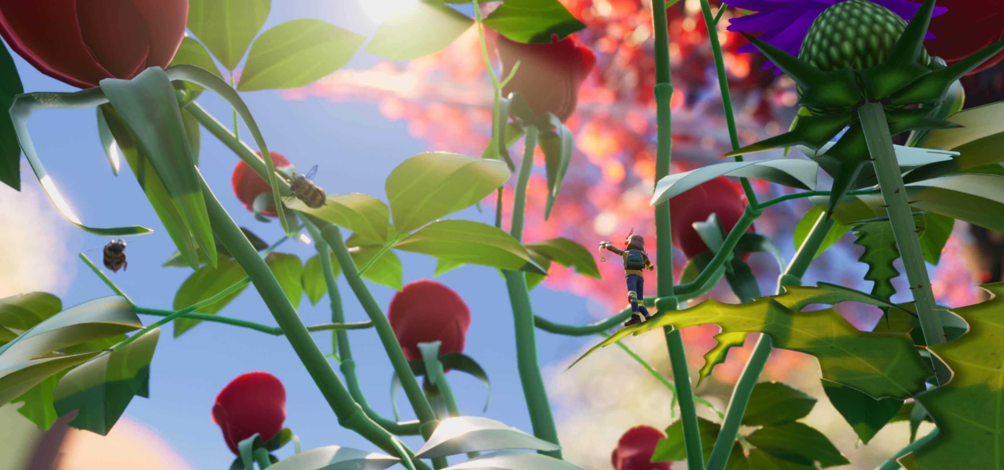 A tiny teenager stands on a leaf in a field of roses, drawing their bow at a bee.