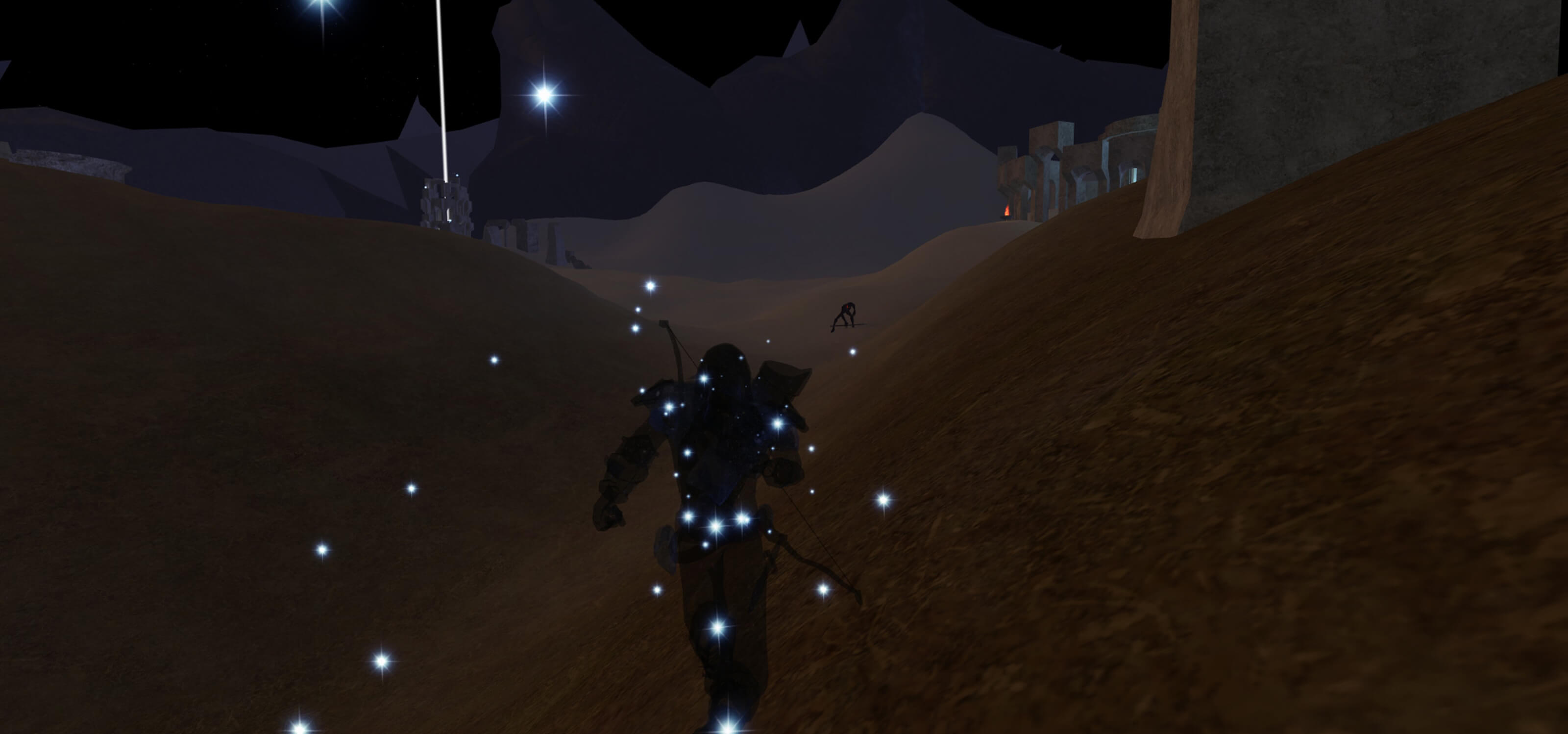 Screenshot from DigiPen student game ÆON of a character running through a darkened desert setting