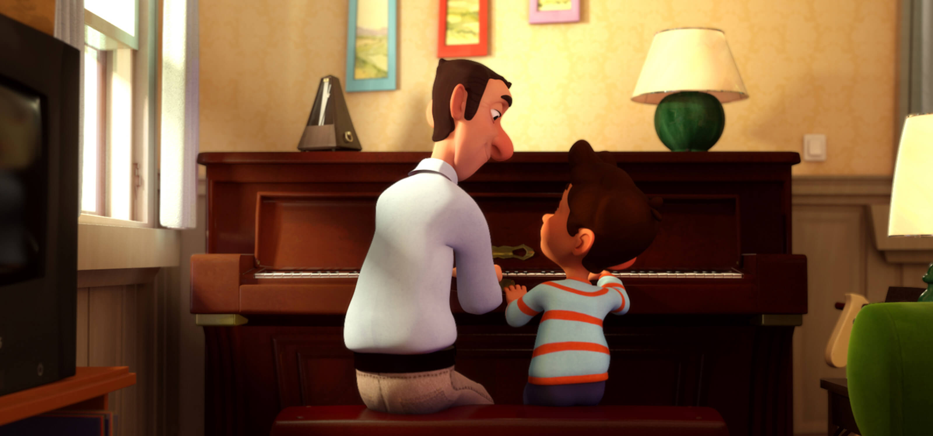 In a scene from DigiPen Europe-Bilbao student animation Arpeggio, a father watches his young son play the piano