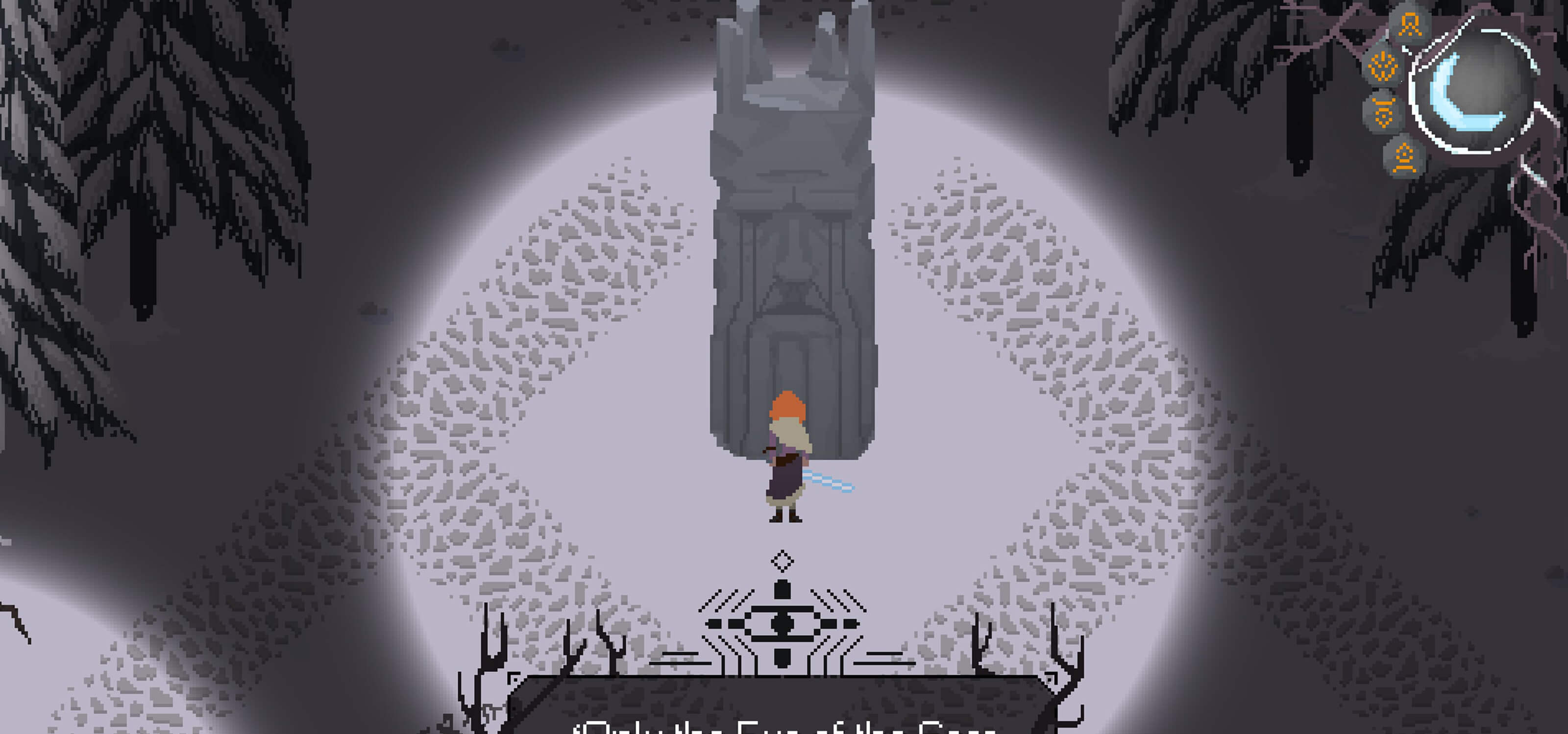 Screenshot from DigiPen student game The Blade in the Bark of the orange-haired heroine meeting the seer statue