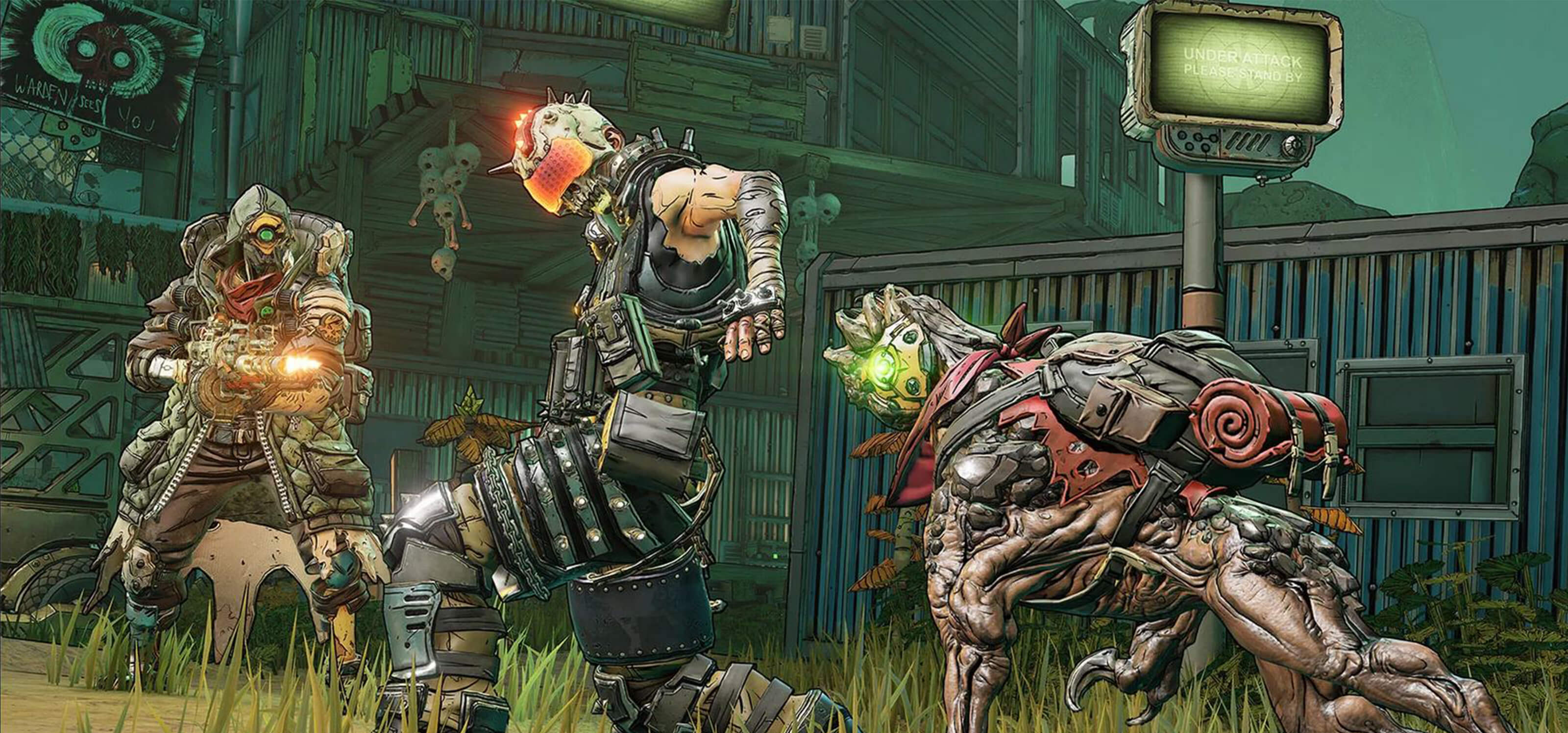 Borderlands 3 character FL4K and their dog companion surround an enemy.