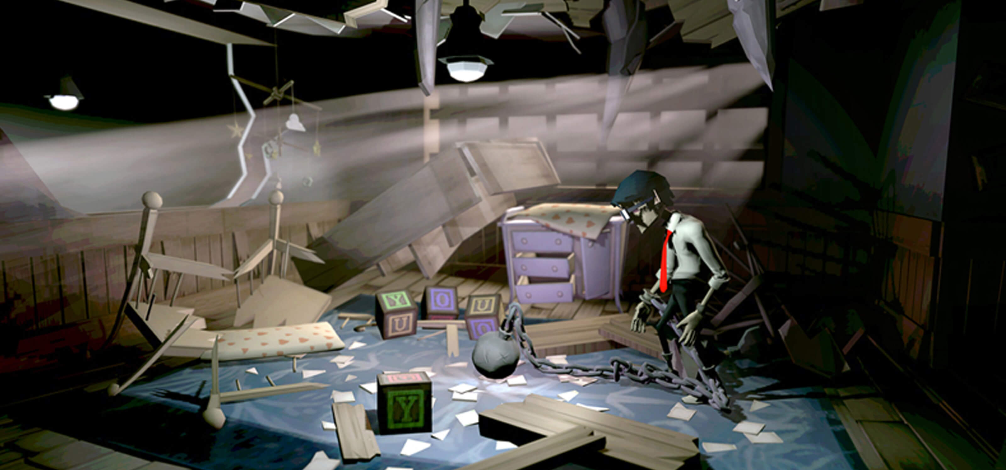 Screenshot from DigiPen student game Chained featuring the main character looking around a destroyed nursery