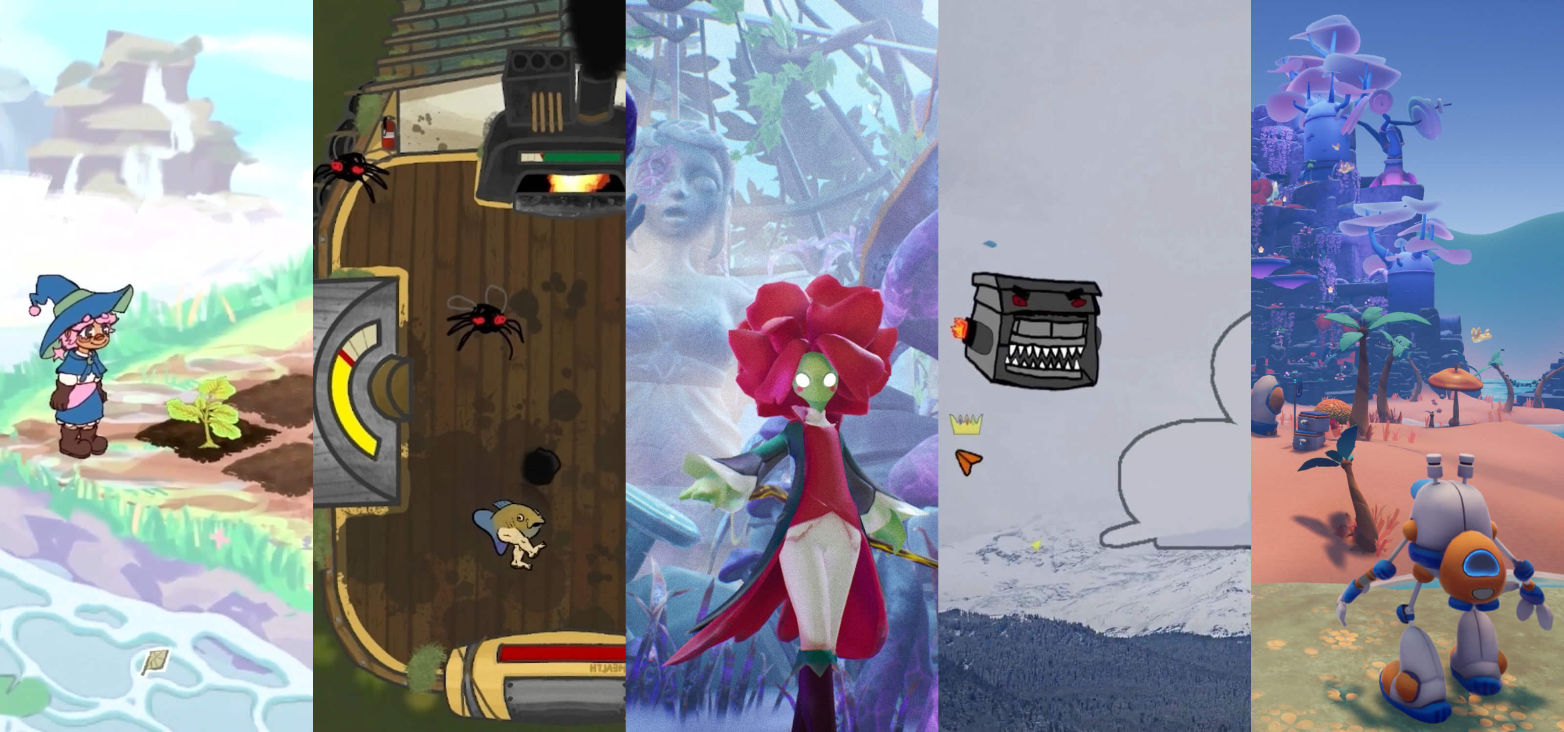 Collage of student game screenshots featuring a robot, walking fish, gardening witch, and more.