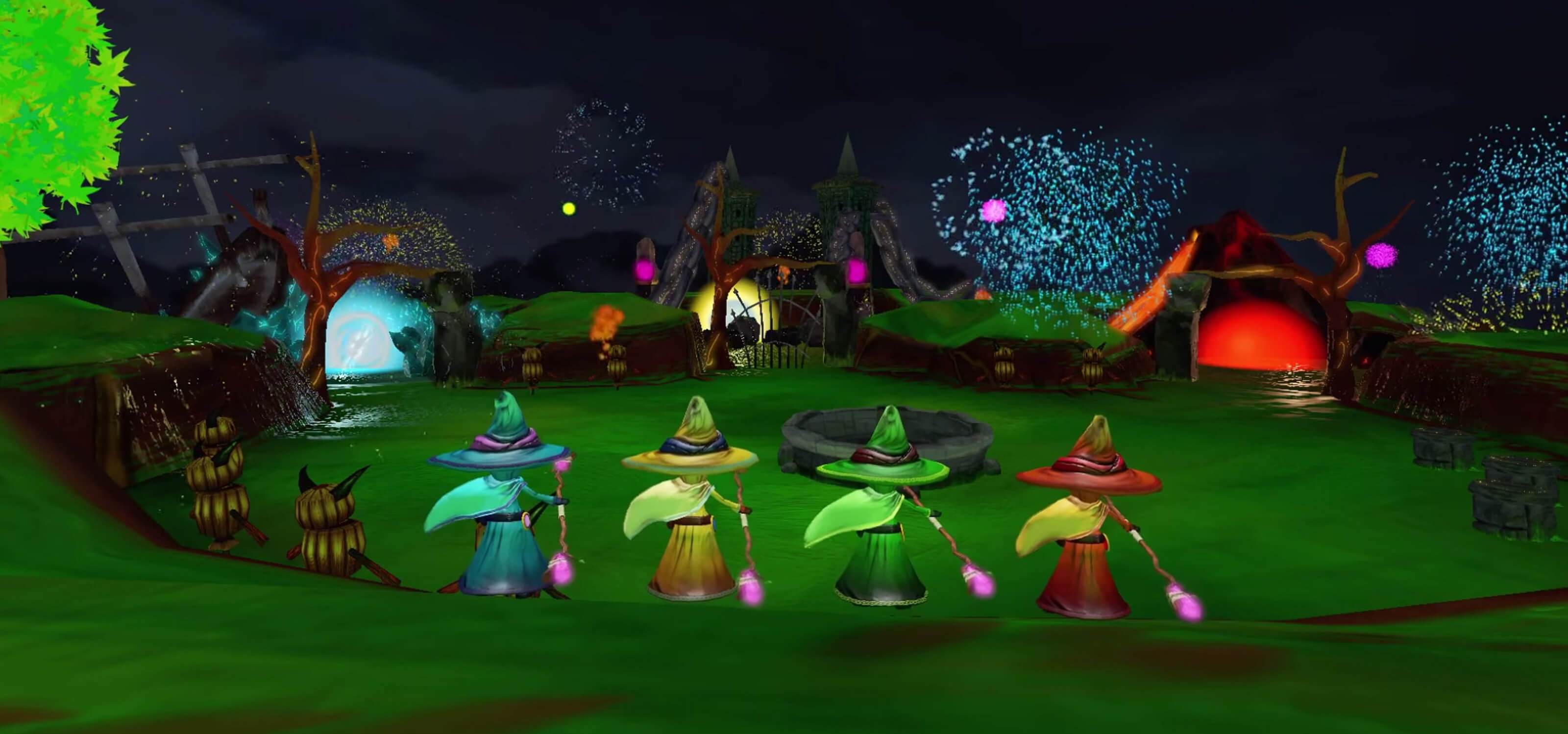 Four colorful wizards in a darkened field in a screenshot from DigiPen student game Chronomancers