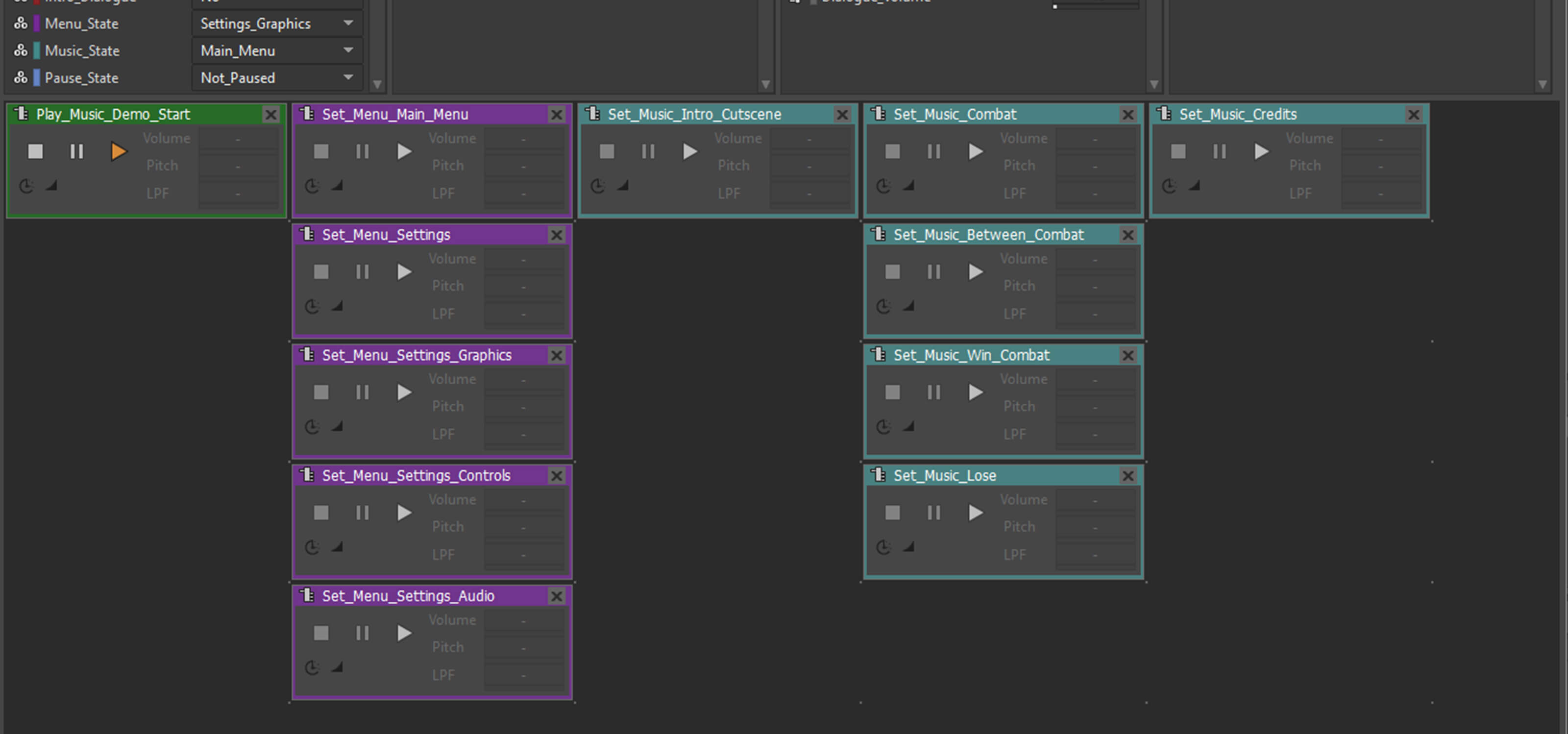 A screenshot of an adaptive music score set up in the program Audiokinetic Wwise.