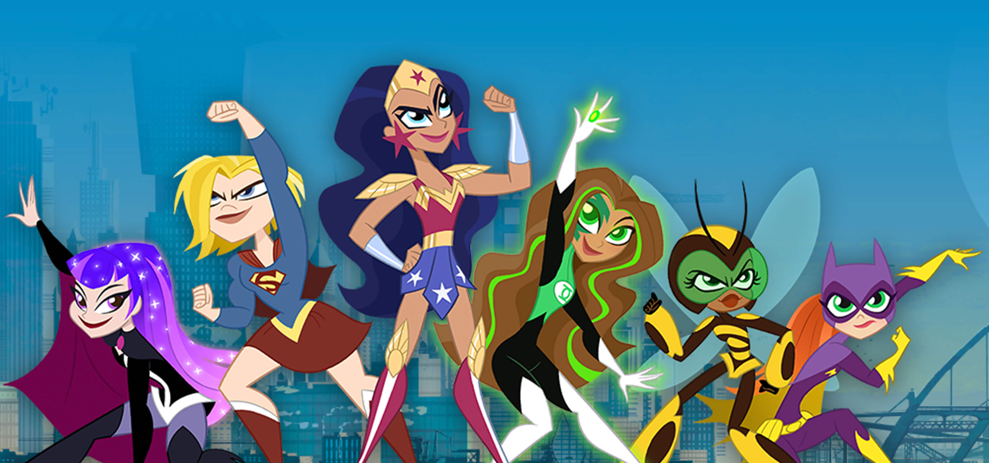 The cartoon cast of DC Super Hero Girls in various action poses.