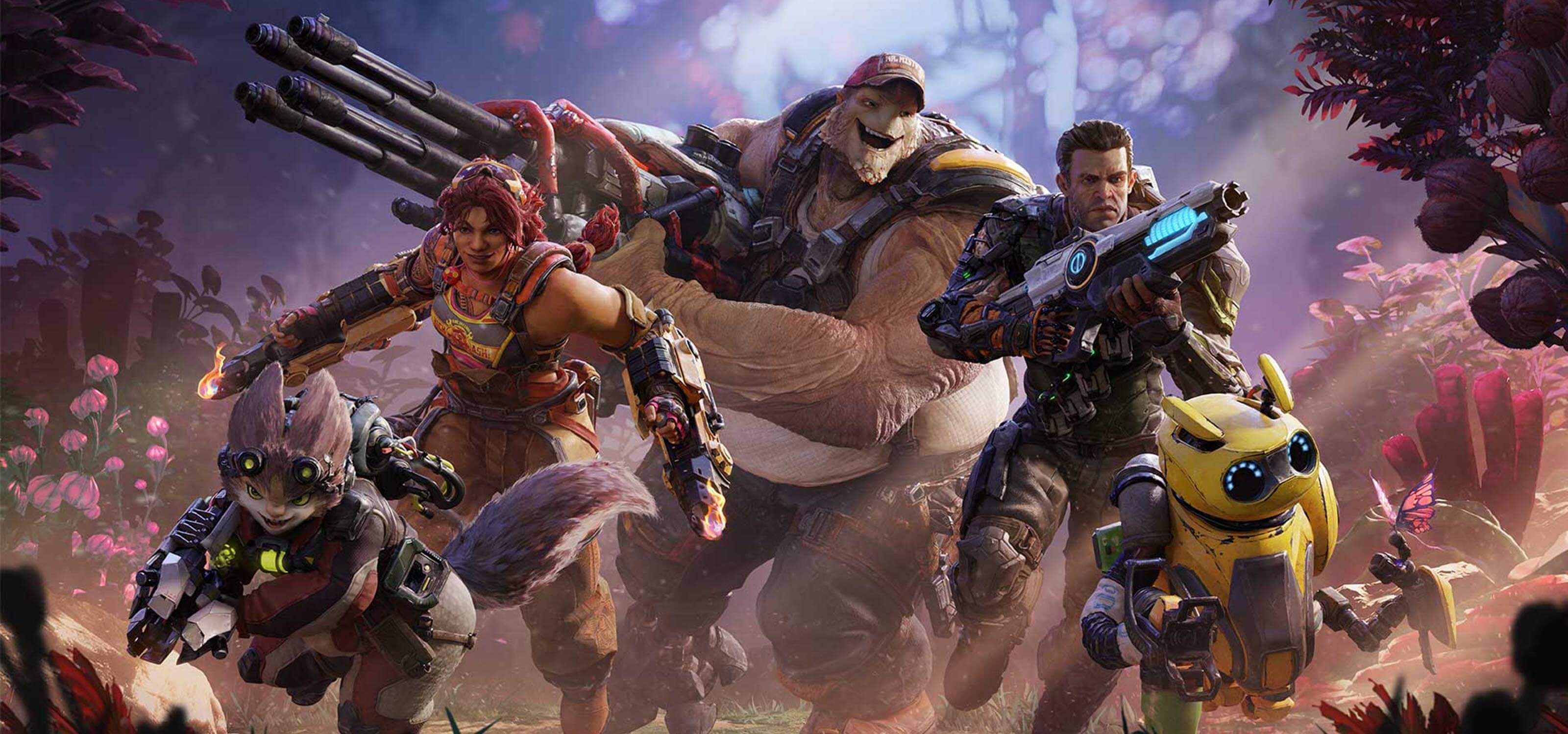 A group of several heroes from the Crucible game charging into action.