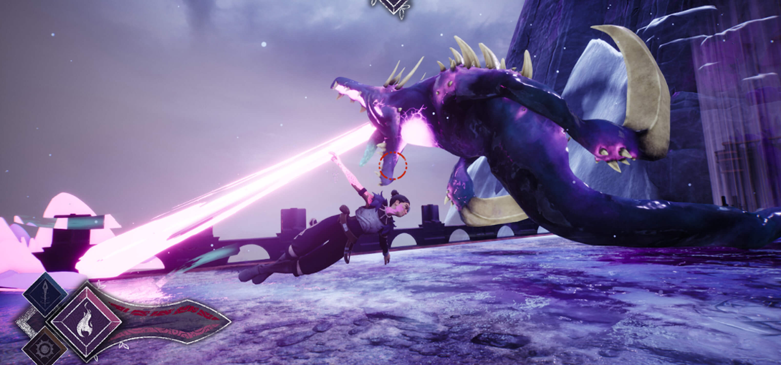 Cyrah dashes past a large spiky enemy shooting a beam from its mouth. 