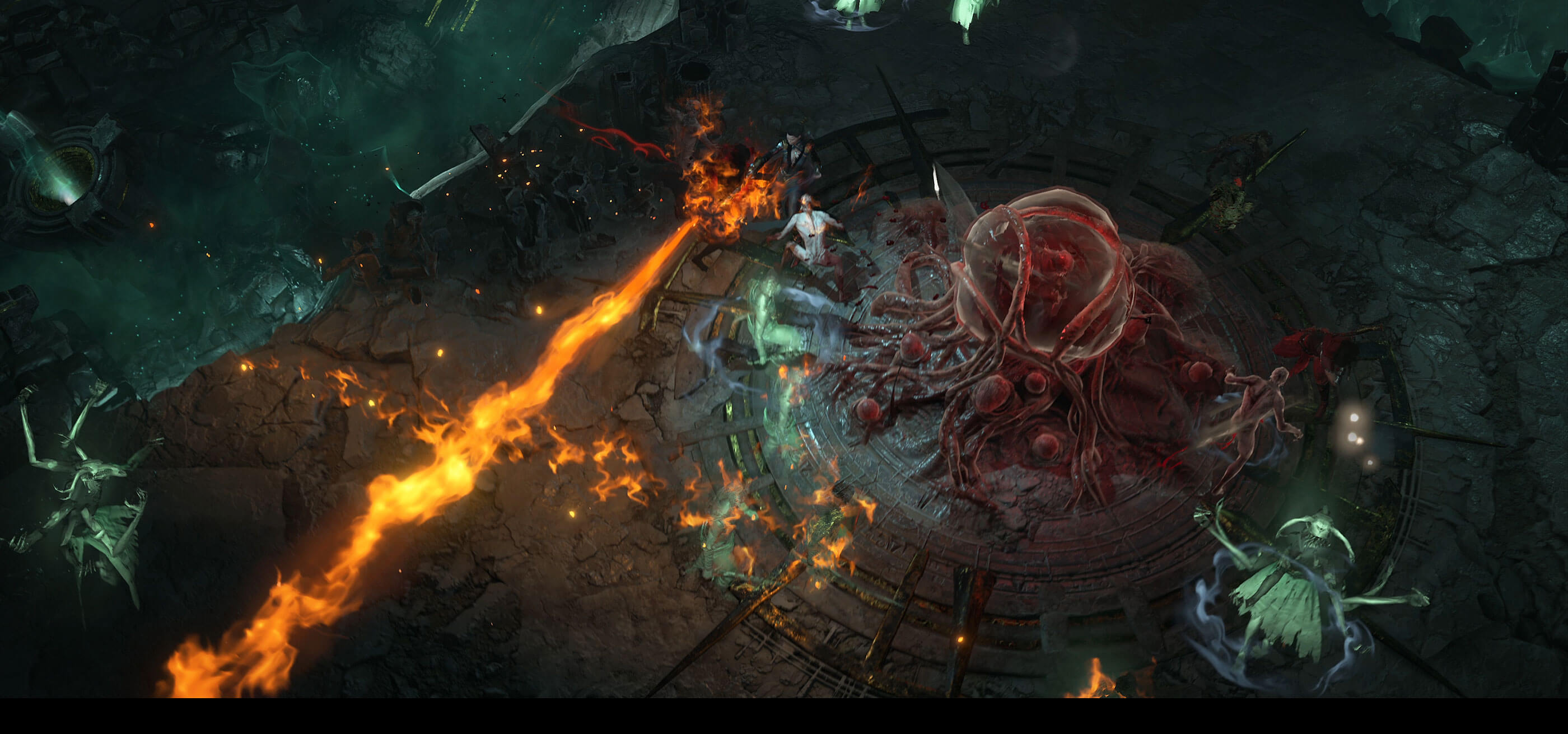Flames erupt from a character’s hands as they fight demons near a gelatinous mass in a Diablo IV dungeon.