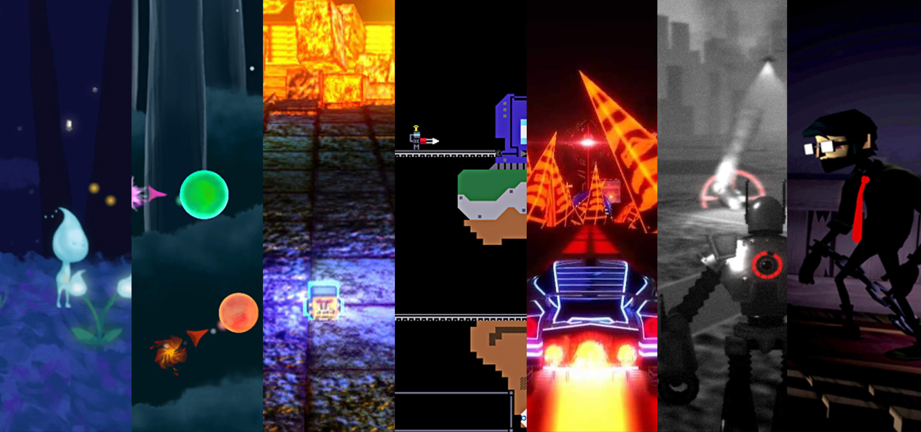A mashup of screenshots from seven DigiPen games depicting a raindrop creature, a neon race car, a chained man, and more.