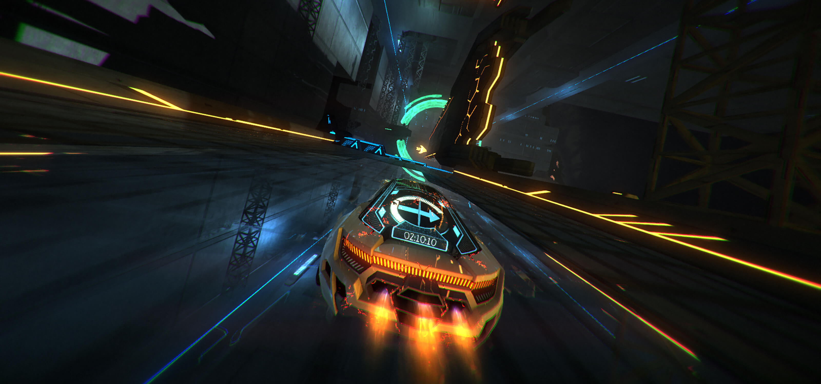 Screenshot from Refract Studios' Distance v1.0 of a neon-trimmed car racing through a darkened landscape