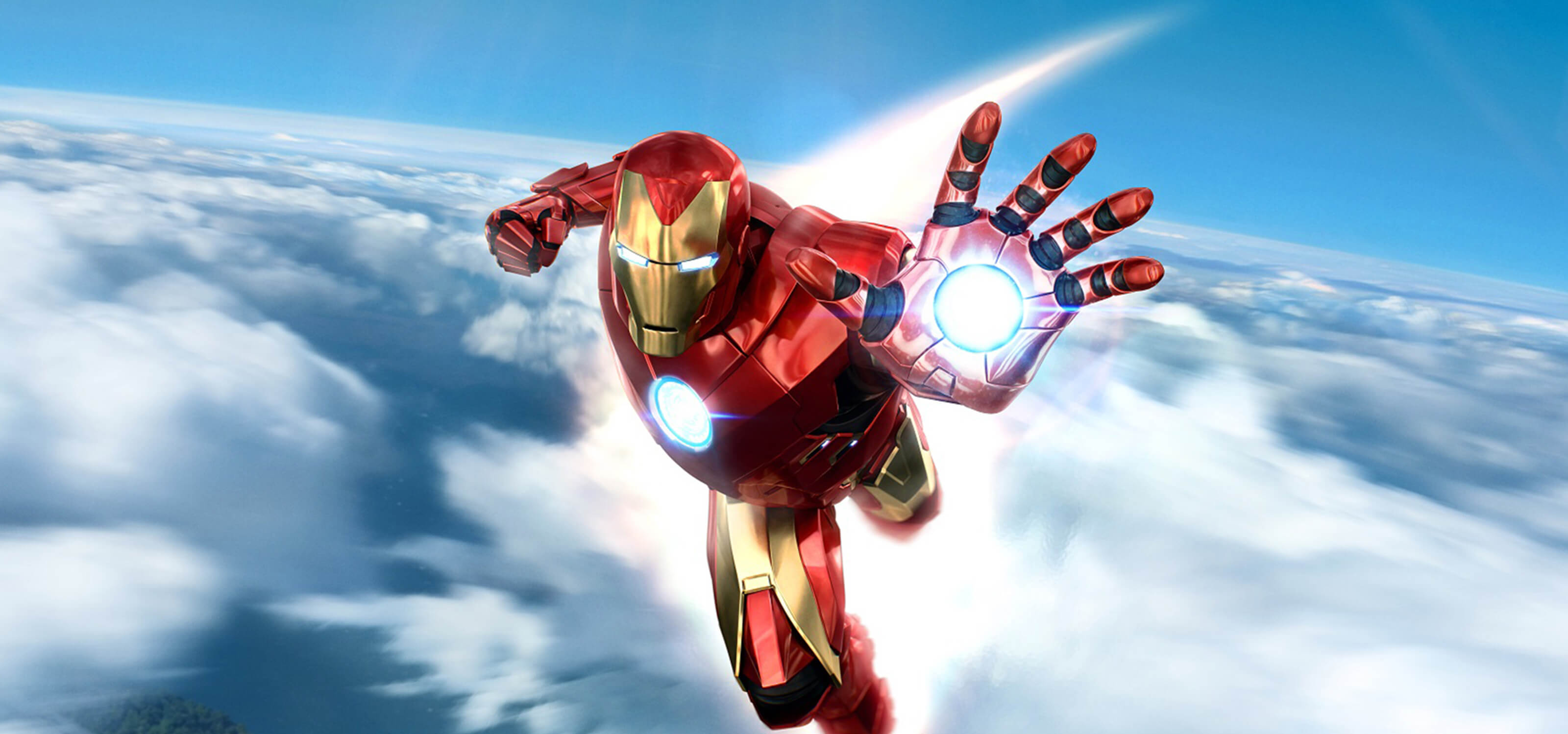 Iron Man flies through the sky with his fist at the ready.